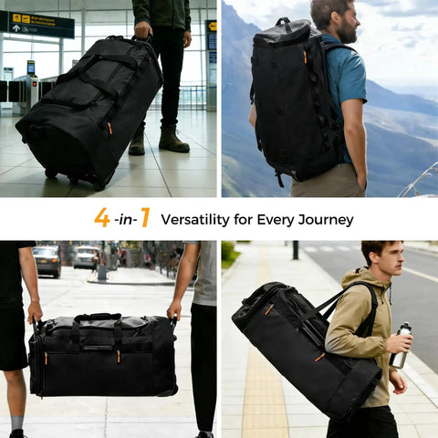 Collage of Three Wheel Rolling Duffle Bag With Expandable 110 Liter To 120 Liter Capacity Waterproof Soft Carry On Luggage in various uses