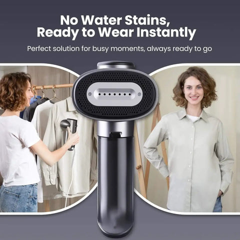 Magic 1 Vacuum Steamer for Clothes with 2300Pa fabric grip used on hanging garments, demonstrates on-the-go handheld operation.