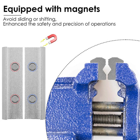 1 Pair Aluminum Alloy Magnetic Vise Jaws Set For 1.5 Inch V Type Vice Jaws Protectors Covers Built Tough For Woodworking Diy Projects And Plumbing showing magnetic surface and installed view
