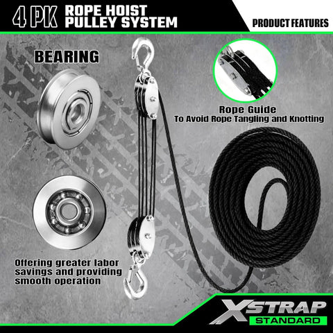 Heavy Duty Hoist With 50 Ft 4.5mm Poly Rope 2000 LB Breaking Strength 1000 LB Load Capacity with pulley and bearings