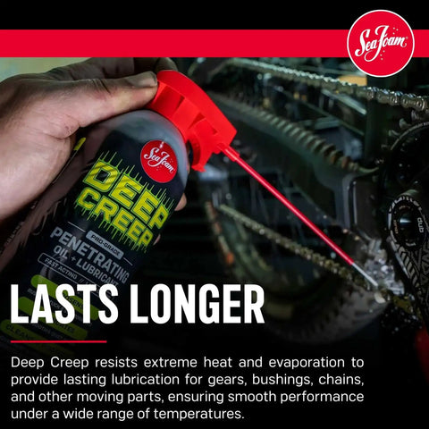 Hand using Deep Creep Penetrating Oil And Lubricant DC14 12 Ounce Pack Of 6 For Metal Parts Rust Release Gears Chains