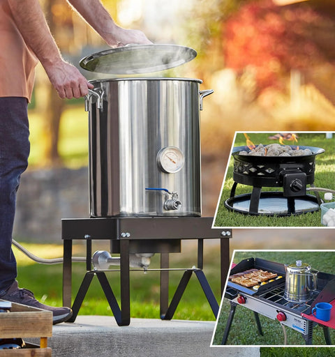 CALPOSE 5FT braided propane regulator hose for outdoor fryers; stainless steel turkey fryer on a metal stand.