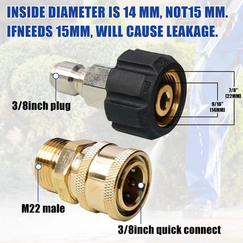 Heavy Duty Power Washer Quick Connect Fittings M22 14mm To Three Eighths Inch Adapter Set For Pressure Washers two-piece stainless steel quick disconnect coupler kit