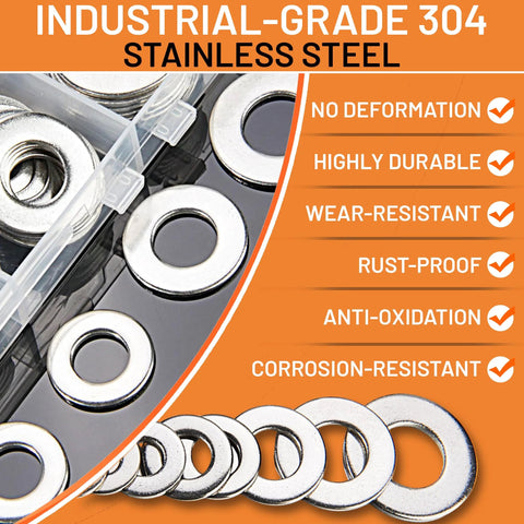 Stainless steel flat washers assortment kit SAE 304, 300 pieces, eight sizes, storage case