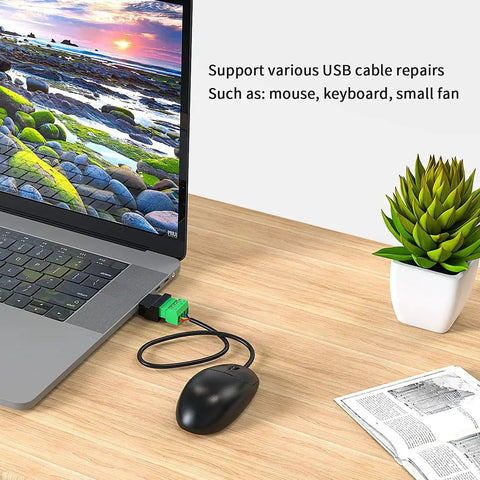 Laptop connected with Solderless USB Two Point Zero Connectors DIY Adapter Kit With Plug And Play Screw Terminal Block For USB Cable Type A Converter Pluggable Repair Kit Includes Male And Female Ends For Easy Cable Extension And Quick Fixes displayed on desk with mouse.