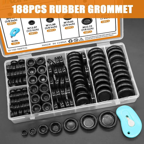 188-piece closed rubber grommet kit with retractable knife showing assorted sizes for firewall hole plugs