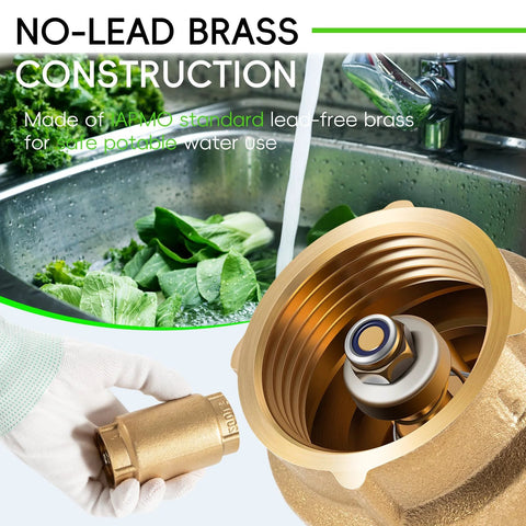 1-inch brass check valve with backflow preventer, 1'' FNPT × 1'' FNPT, no-lead brass for potable water.