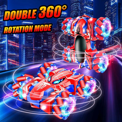Kids 2.4GHz Rechargeable RC Car With 360 Degree Rotating Dual Side Driving 4WD Stunt Vehicle highlighted in urban scene.