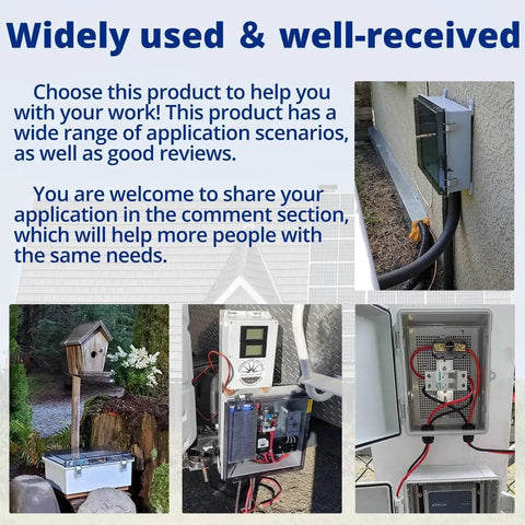 Various installations of a Small Electrical Junction Box With Cover Waterproof Outdoor Hinged Plastic Clip 7.9-Inch By 3.9-Inch By 2.8-Inch Outdoor Watertight DIY Electronics Enclosure.