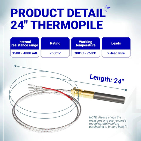 Thermopile, 24-inch length with braided leads and brass connector for gas appliances (2-lead wire).