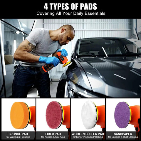 Person using Cordless 3 Inch Palm Sander Kit With 16.8V 3.0Ah Liion Battery on car; pads include sponge, fiber, wool, sandpaper.