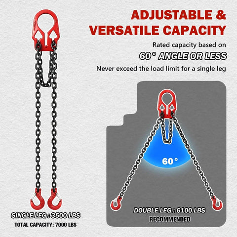 Two-leg lifting chain sling, 5/16 in x 10 ft, G80, oil-finished chains with red safety hooks