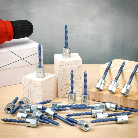 50 Pack Vertical Threaded Rod Anchors Set, One Quarter Inch Screws, Three Eighth Inch Rod Joint, Pipe Hanger Fittings For Wood And Concrete Structures, Silver And Blue Finish, Durable Time Saving Budget Friendly Hardware Kit displayed on wood and concrete