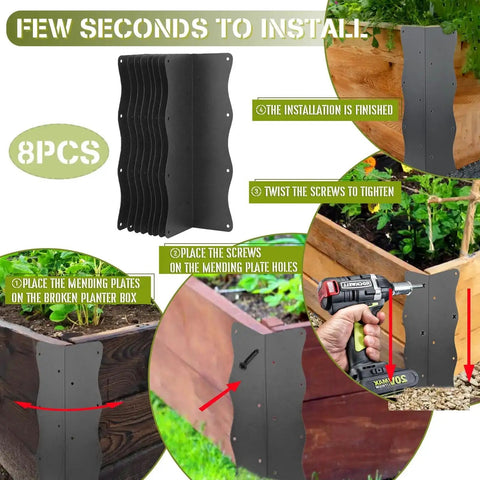 Installation guide for 8-Pack Heavy-Duty Metal Corner Brackets for Raised Garden Beds with screws, shown on raised planter boxes.