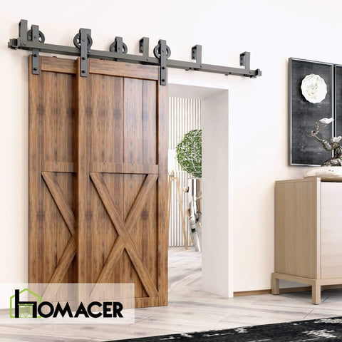 Black Rustic Double Track U Shape Bypass Sliding Barn Door Hardware Kit For Two Doors 9ft Flat Track With Spoke Wheel Rollers