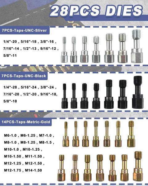 28 pieces of dies for 61 Piece All In One Pro Grade Thread Repair Kit including UNC, UNF, and metric chasers, taps in silver, black, and gold.