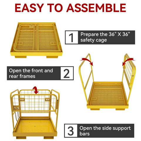 Steps to assemble 36x36 Forklift Safety Cage 1200 Lb Heavy Duty Collapsible Work Platform with modular design in yellow.