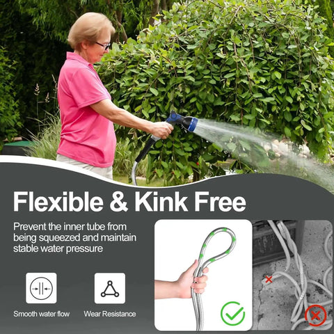 Person using 50 Foot Stainless Steel Garden Hose Heavy Duty With Nozzles, 304 Stainless Steel Water Pipe, Flexible, No Kink