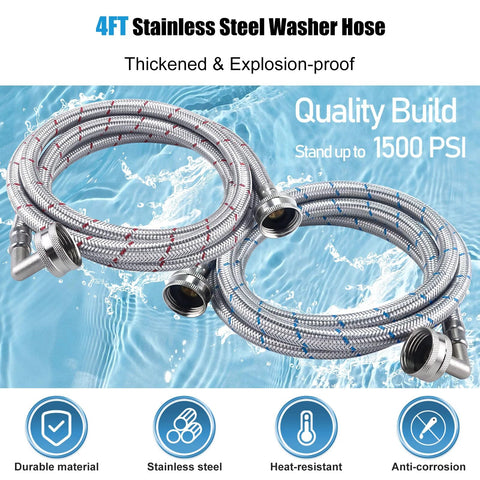 Washer hoses, 4ft stainless braided, 2-pack with 90° elbow, 3/4 NPT, hot & cold water