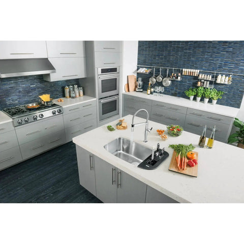 Modern kitchen featuring gray cabinets with Hopewell Steel Bar Pull M993 15 Inch Center-To-Center Flat Black Cabinet Pulls.