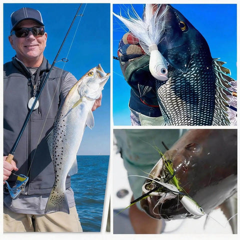 Collage of fishing with Premium Bucktail Jigs With Hair Lures, Five Pack 0.25 Ounce To 2.0 Ounce Jig Heads, catching various fish.
