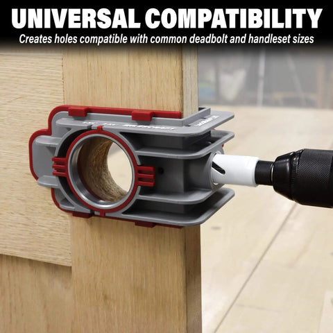 Lock Mate Plus Self Clamping Professional Door Lock Installation Kit for Wood and Metal Doors in use on wooden door