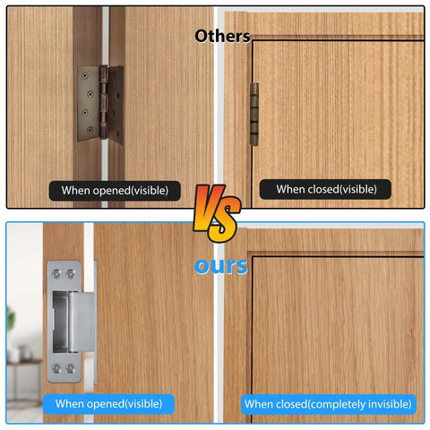 Comparison of visible hinges vs Hidden Door Hinge 4 Inch Two Pack 304 Stainless Steel Heavy Duty Beefy Invisible Hinge For Doors Ambidextrous 3mm Thick Size 4 Inch By 1 Inch Fits Cabinets And Doors when closed.