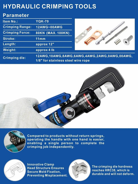 Heavy Duty Hydraulic Crimping Tool And Cable Cutter Set 10 Ton Power Crimper With 12 AWG To 2/0 AWG Range In Use
