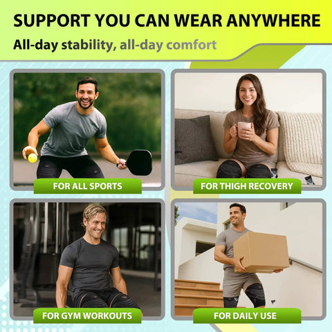 Collage of people using 1 Pair Hamstring And Quad Compression Sleeves For Men And Women Upper Leg Thigh Support Anti Slip Running And Workouts Groin And Muscle Recovery Purple XL in various activities