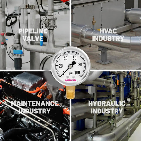 Glycerin Filled Pressure Gauge 0-100 PSI with 2 Inch Dial 304 Stainless Steel in various industrial settings including HVAC and hydraulic.