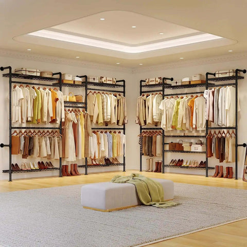 Space Saving Expandable Wall Mounted Closet System With Telescoping Shelves And Adjustable Rods, Industrial Pipe Wardrobe Rack, installed in a room.