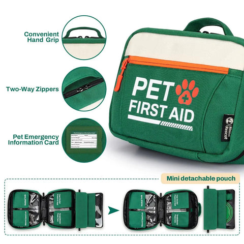 Green pet first aid kit for dogs and cats with thermometer and booties, mini pouch, by Rhino Rescue for home, travel, hiking, camping.
