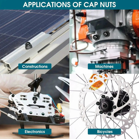 Applications of Big Ol 160Pcs Nylon Acorn Nut Set Kit Black Dome Nuts for constructions, machines, electronics, bicycles.
