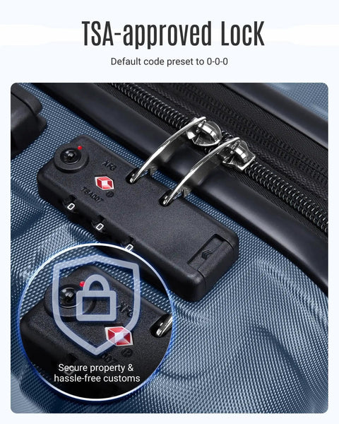 Durable 3 Piece Luggage Set Light Flight With Easy Glide Spinner Wheels And TSA Lock Lightweight Hard Shell ABS Royal Blue TSA lock close-up