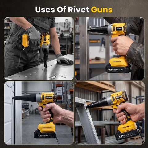 Cordless Electric Rivet Gun Kit With 20V Max Battery, Brushless High Torque Riveting Tool in use on metal sheets and frames