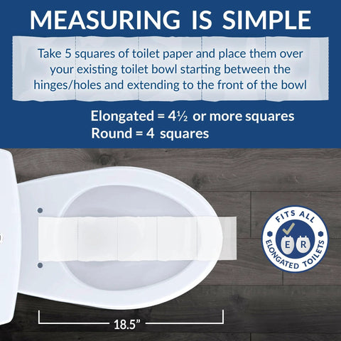 Top view of Lift Off Wood Elongated Toilet Seat With Easy Clean Hinges Cotton White with measuring guide using toilet paper.