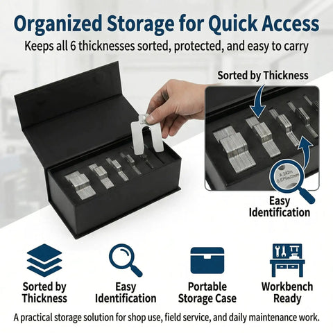 Stainless Steel Shim Kit Set For DIY Pros, 60 Slotted 2x2 Shims, 6 Thicknesses For Machine Leveling, Motor Alignment, And Equipment Adjustment, Laser Marked Sizes With Handy Storage Case