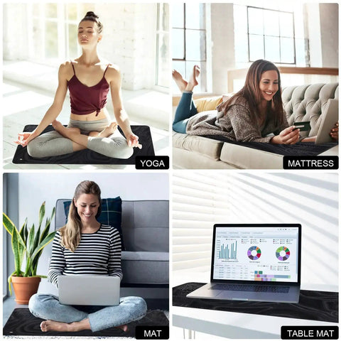 Four images showing a grounding mat used for yoga, on a mattress, as a sitting mat, and as a table mat with a laptop, size 23.6x13 inch.