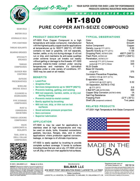 Label for Liquid O Ring Copper Anti Seize Lubricant For High Temperature Gaskets And Threaded Parts Up To 1800 Fahrenheit Lead Free Zinc Free Graphite Free Non Corrosive Made In USA 8 Oz Brush Top Can By Balmar detailing product specifications and benefits.