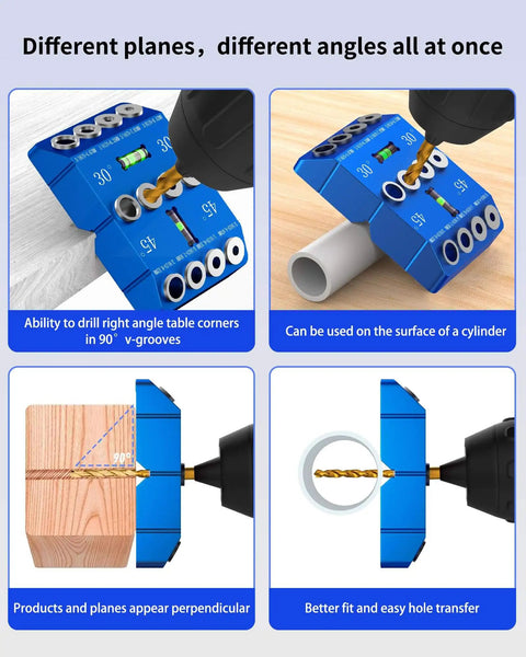 Aluminum Angle Drill Guide Jig With 30 45 90 Degree Settings shown with drill on wood and PVC for precise woodworking