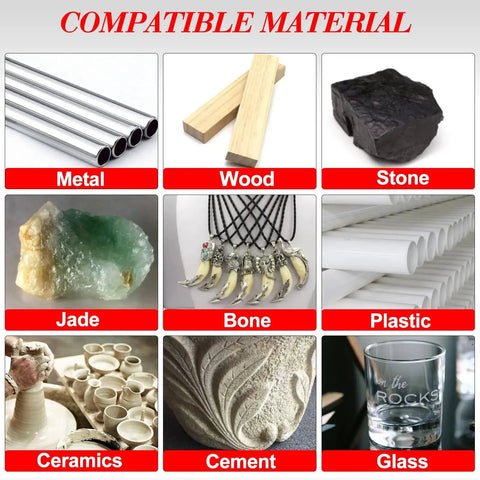 Materials compatible with Beefy Pro Grade Tungsten Carbide Rotary Burr Set: metal, wood, stone, jade, bone, plastic, ceramics, cement, glass.