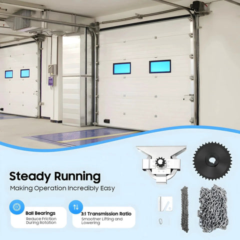 Garage with installed Garage Door Jackshaft Chain Hoist With Three To One Ratio 331 Lbs Capacity beside sectional doors.