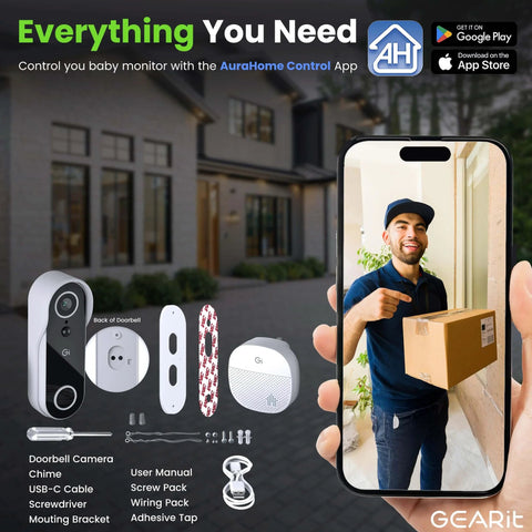 Image showing front view of 2K QHD Video Doorbell Camera With Chime Battery Powered Wireless For Home IP64 Weatherproof Motion Detection