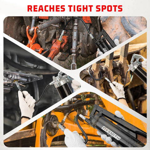 FIXSMITH grease gun hose extension, 12-inch flexible whip, 4500 PSI, with coupler for hand-operated grease guns.
