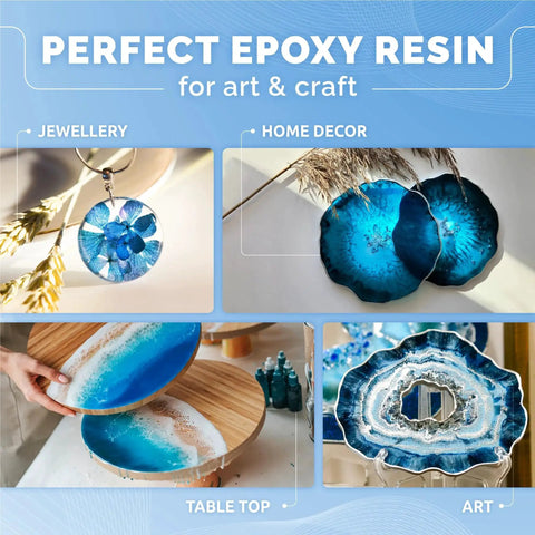Various crafts made with Crystal Clear Epoxy Resin Kit With Pumps For Food Safe Coasters And Jewelry, including a blue flower pendant and coasters.
