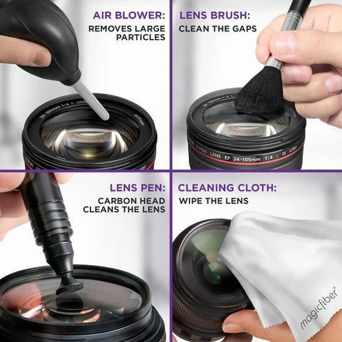 Camera Cleaning Kit With Air Blower And Lens Cleaner Spray For Canon Nikon Sony featuring air blower, lens brush, and cleaning cloth.