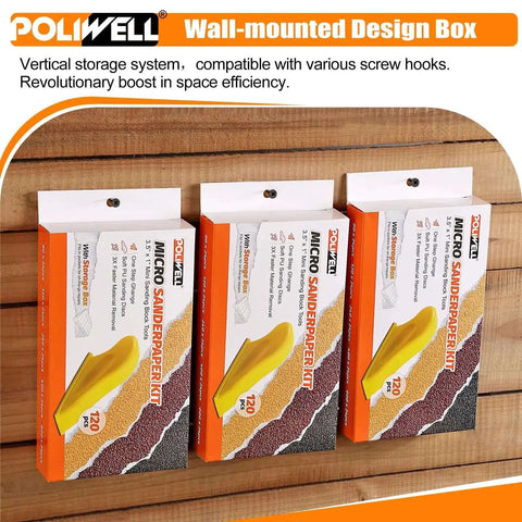 Wall-mounted 120 Pcs Micro Detail Sandpaper Kit With Storage Box featuring 3.5 Inch Hand Sanding Block for DIY projects.