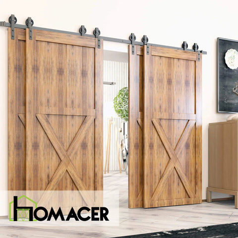 Black Rustic Single Track Bypass Sliding Barn Door Hardware Kit For Four Doors 10 Foot Flat Track With Spoke Wheel Rollers