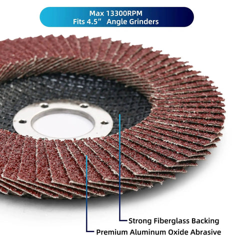 Close-up of a 4.5 inch aluminum oxide flap disc with fiberglass backing, max 13300 RPM, for angle grinders, part of 20-piece set by LotFancy.