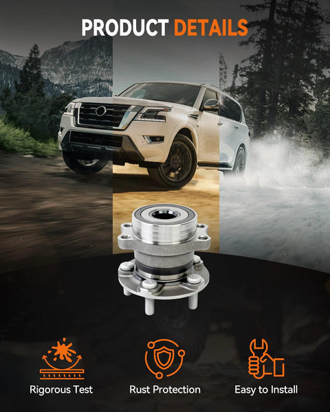 Image showing a car in motion and a close-up of a 2 Pack Rear Wheel Bearing Hub Assembly 512518. Fit for Subaru models with 5 lugs.